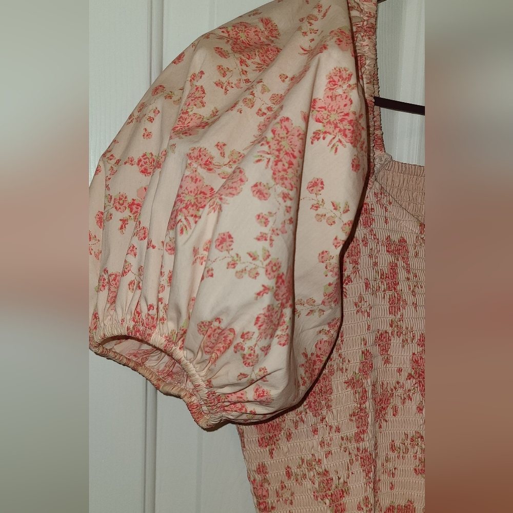 Rachel Parcel Floral Pink Puff Sleeve Dress, Smocked Bodice, Size M-L - Picture 6 of 11